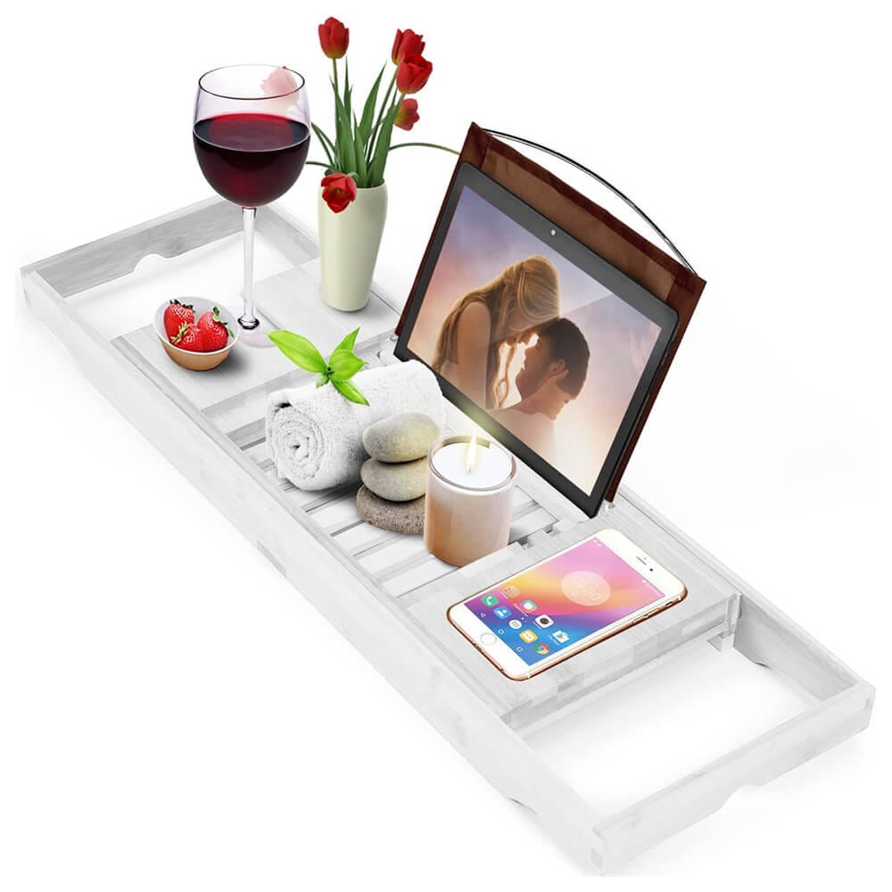 Homemaid Living Luxury Expandable Bamboo Bathtub Tray, White