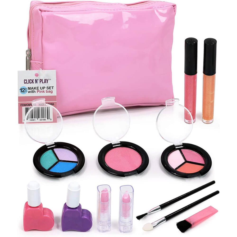 Click N' Play Kids' Washable Makeup Set with Pink Cosmetic Kit Tote Bag