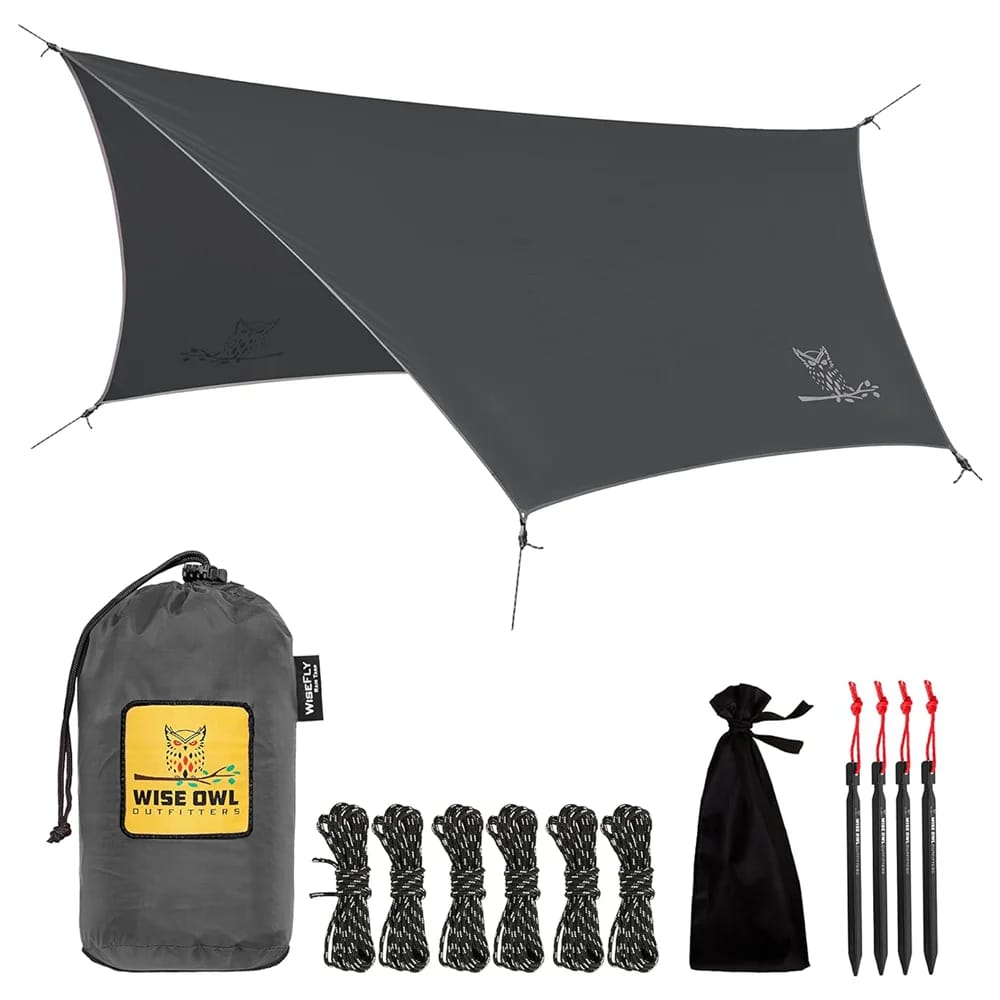 Wise Owl Outfitters Standard Hammock Tarp with Tent Stakes, Gray