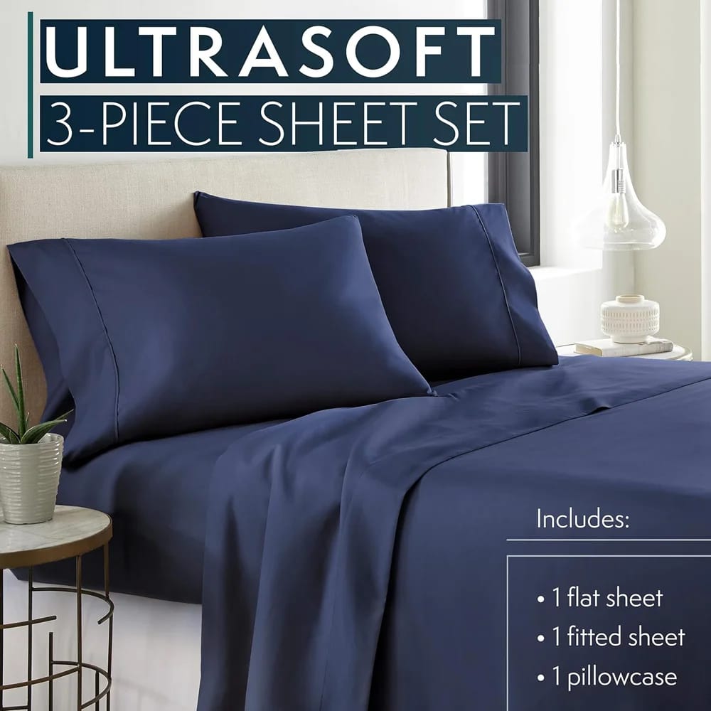 HC Collection 3-Piece Microfiber Sheet Set, Twin, Navy