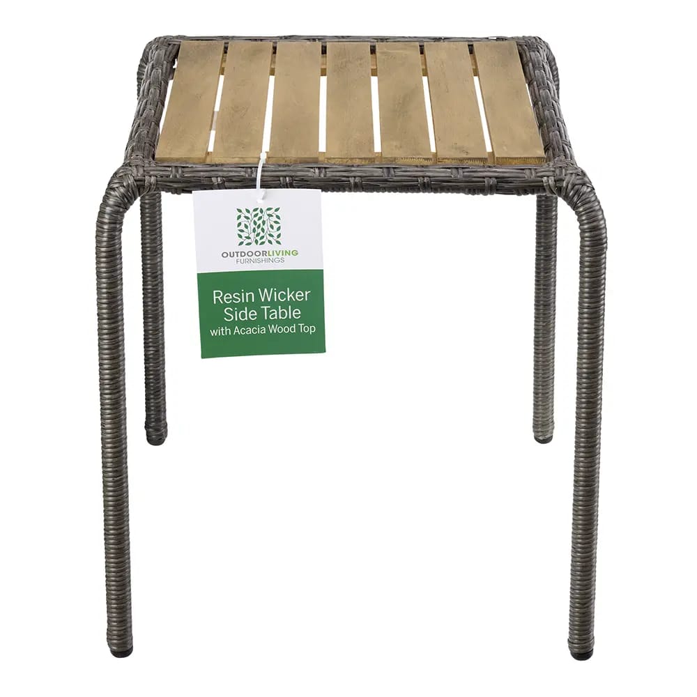 Outdoor Living Resin Wicker SIde Table with Acacia Wood Top
