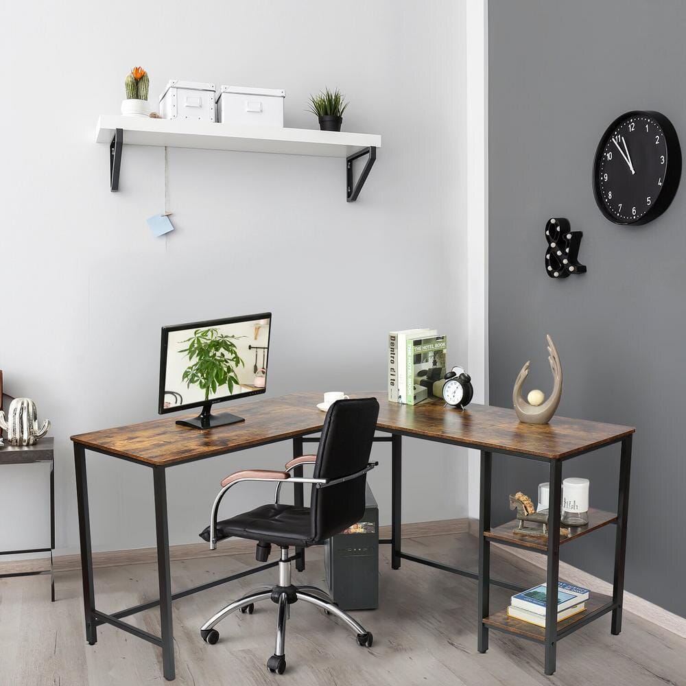 55" Industrial L-Shaped Computer Desk, Rustic Brown