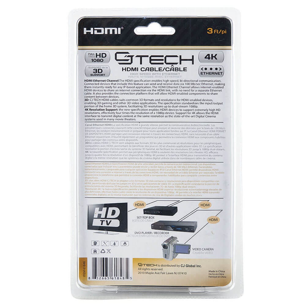 CJ Tech Premium Super Flat HDMI Cable, 3'