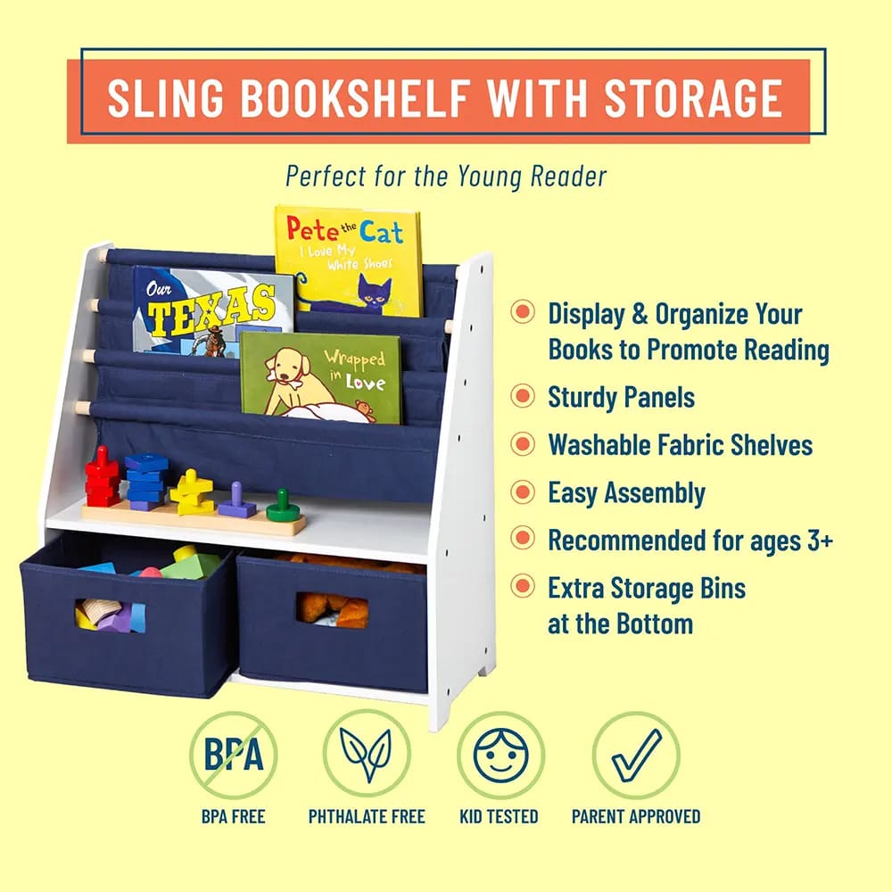 Wildkin Kids Canvas Bookshelf with Storage, White/Blue