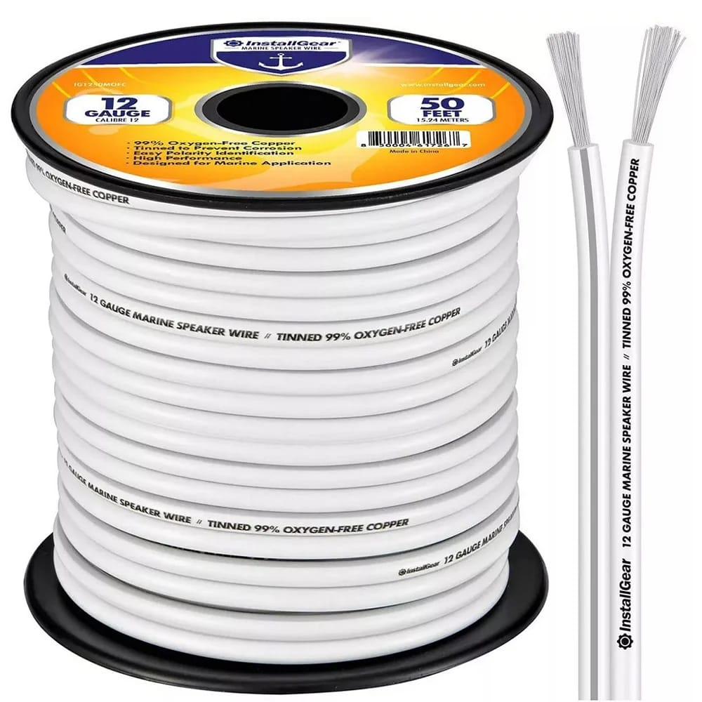 InstallGear 12 Gauge Tinned OFC Speaker Wire Cable, White, 50 ft