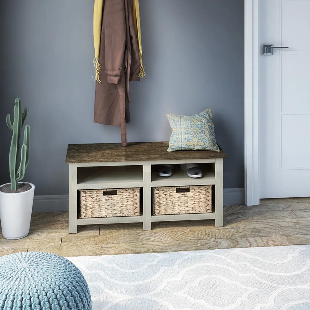 Twin Star Home Storage Bench with Baskets, Fairfax Oak