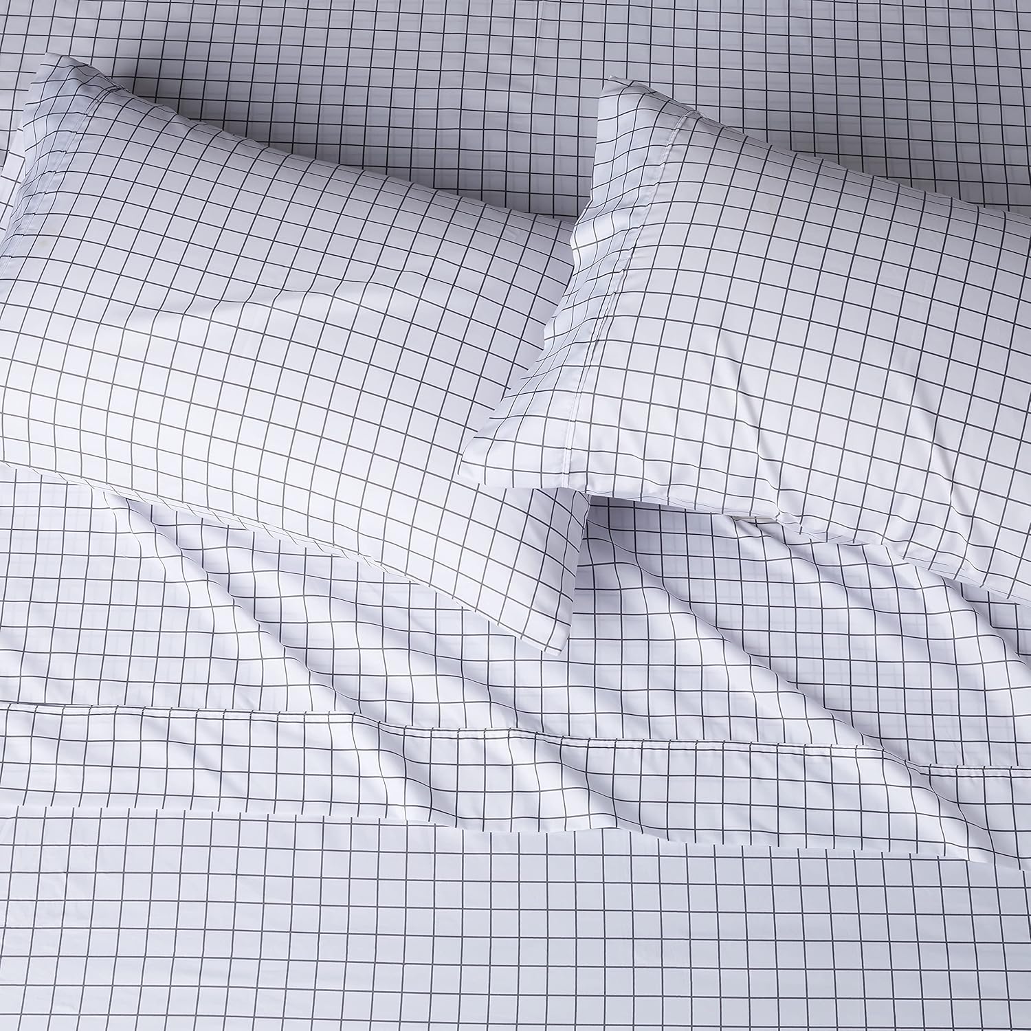 Lightweight Super Soft Microfiber Sheet Set, Queen, Blue/Gray Windowpane