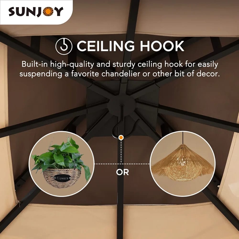 Sunjoy Outdoor Patio 2-Tier Steel Soft Top Gazebo with Ceiling Hook and Netting, 9.5' x 9.5', Brown