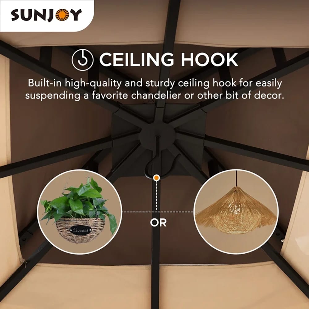 Sunjoy Outdoor Patio 2-Tier Steel Soft Top Gazebo with Ceiling Hook and Netting, 9.5' x 9.5, Brown