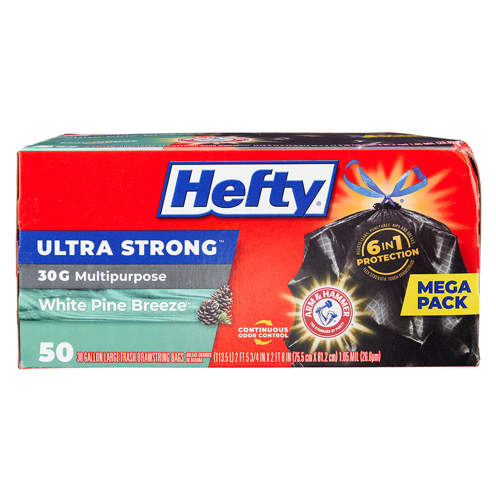 Hefty Ultra Strong Multipurpose White Pine Breeze 30 Gallon Trash Bags, 50 Count