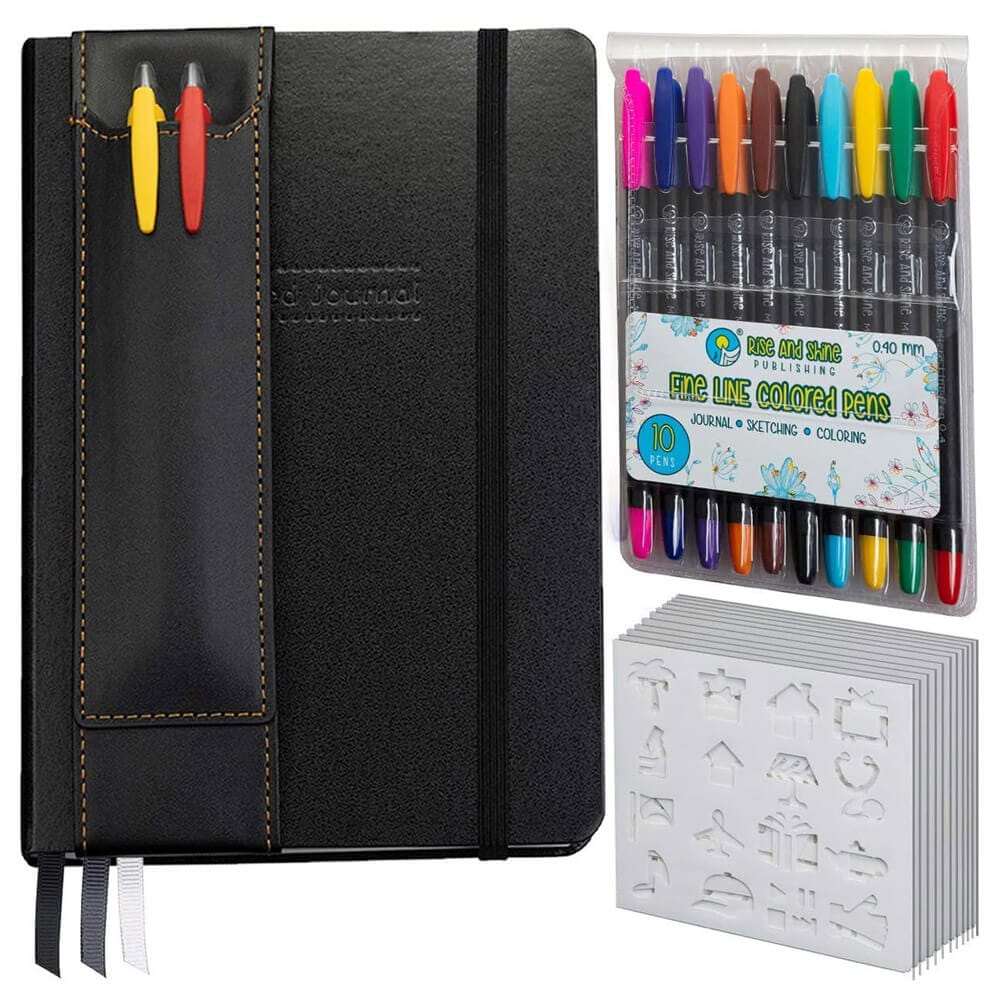 Rise and Shine Publishing Bullet Notebook Journal Set with 10 Pens, 12 Stencils, & 3 Bookmarks