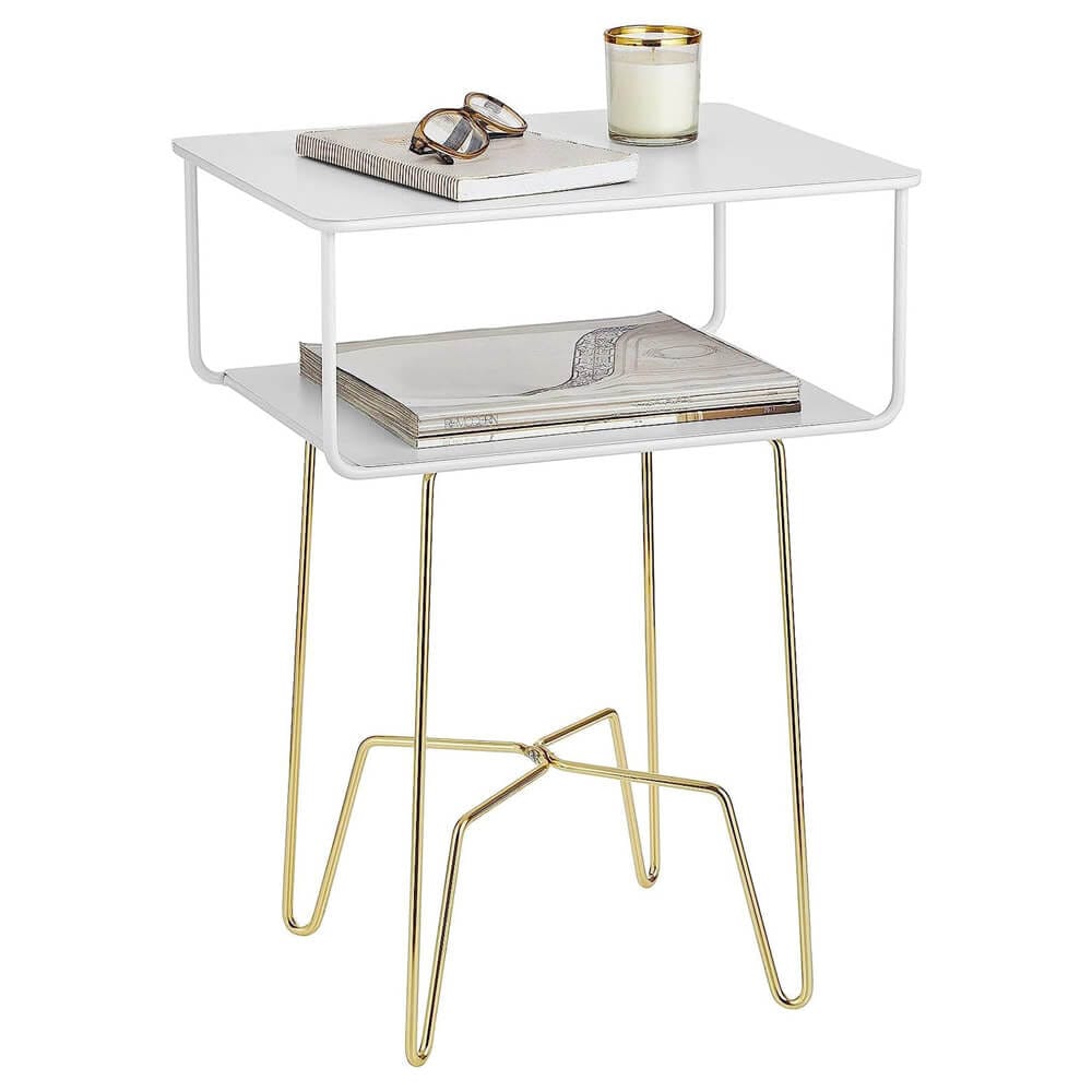 mDesign Modern Industrial Side Table with Storage Shelf, Matte White/Soft Brass