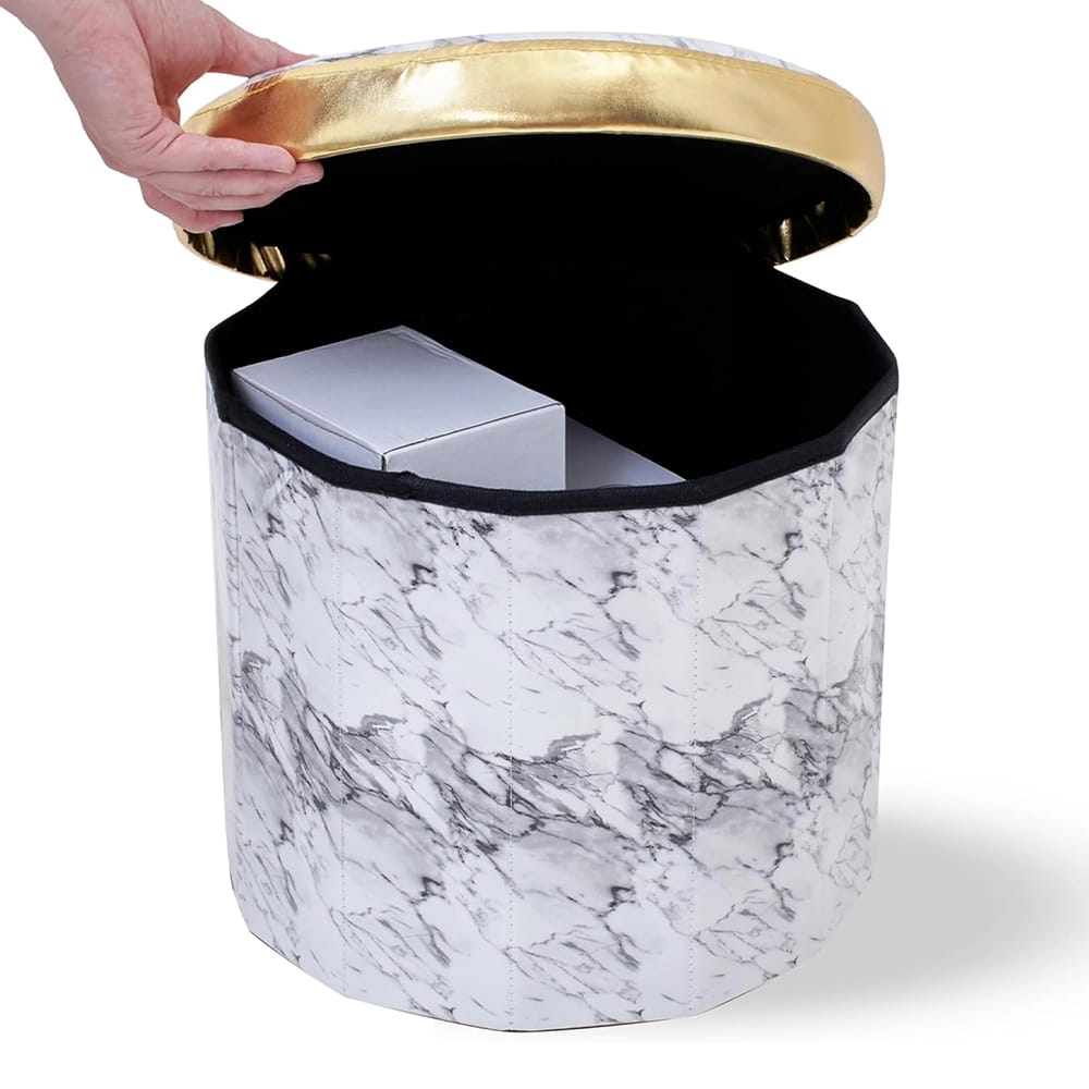 Round Footstool with Storage, White Marble
