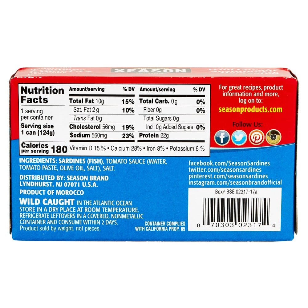 Season Brand Sardines in Tomato Sauce, 4.375 oz