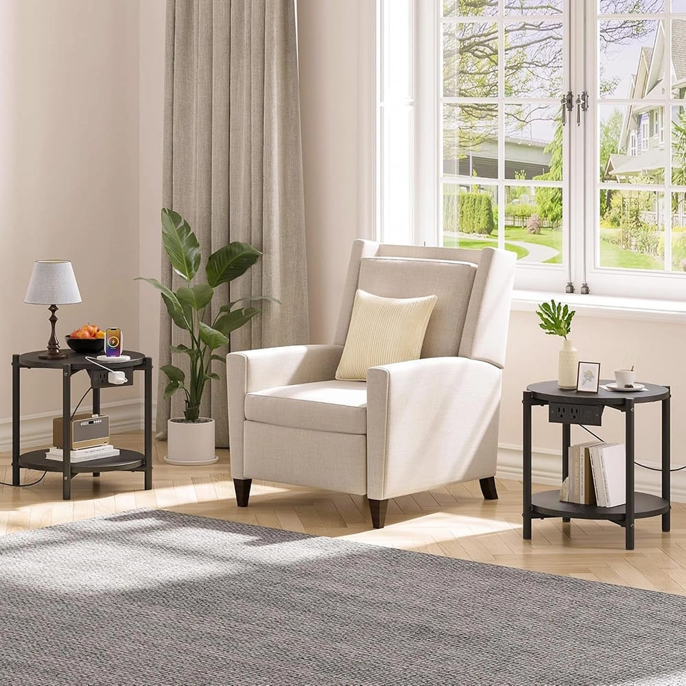 LIKIMIO 15.8" Double-Tiered Round End Tables with Charging Station, Black, 2 Count