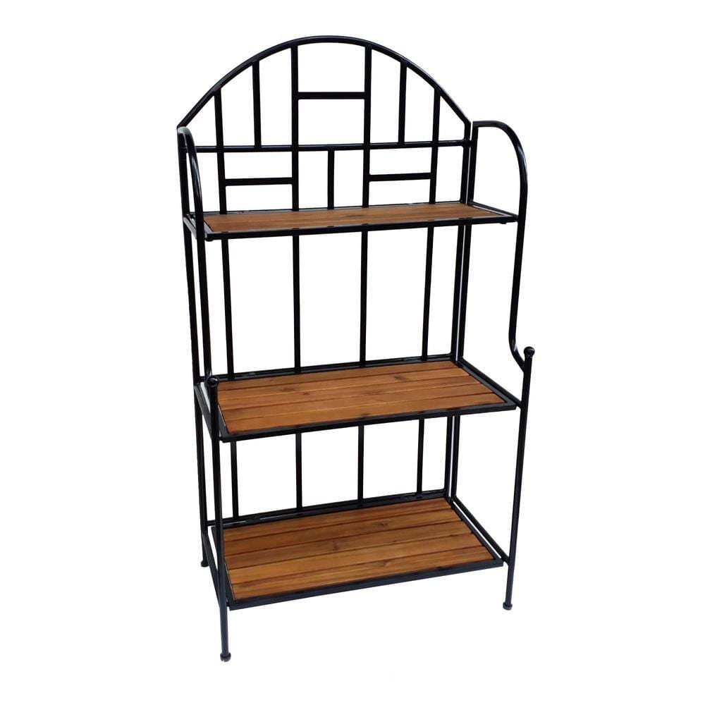 TK Classics 3-Tier Outdoor Folding Metal Plant Stand with Acacia Shelves