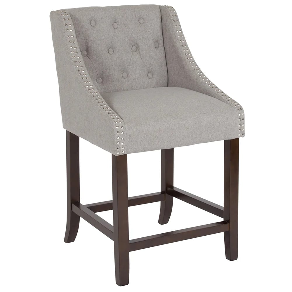 Carmel Series 24" High Tufted Walnut Counter Height Stool, Light Gray, 2 Count