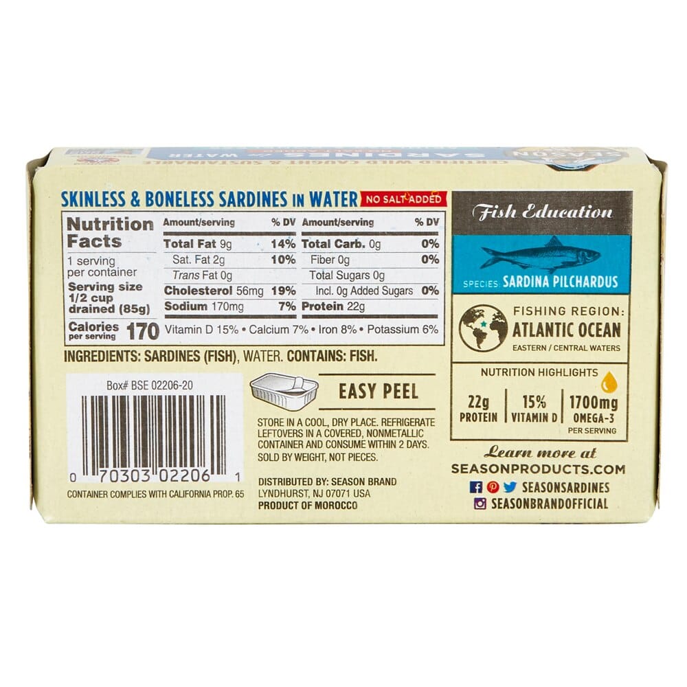 Season Brand Boneless & Skinless Sardines in Water, 4.25 oz