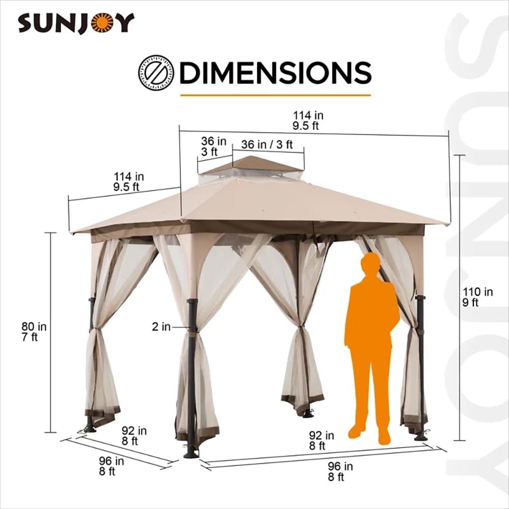 Sunjoy Outdoor Patio 2-Tier Steel Soft Top Gazebo with Ceiling Hook and Netting, 9.5' x 9.5', Brown