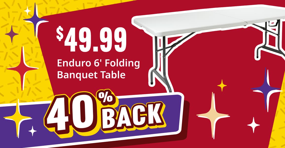 $49.99 Enduro 6' folding banquet table, 40% back!