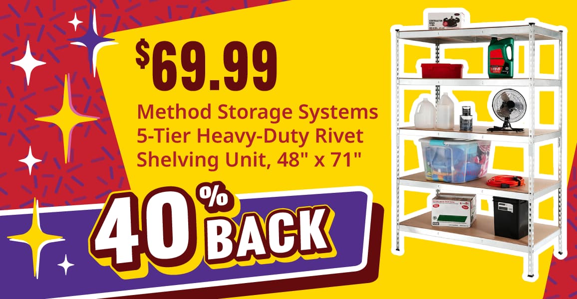$69.99, Method Storage Systems 5-Tier Heavy-Duty Rivet Shelving Unit, 48" x 71".