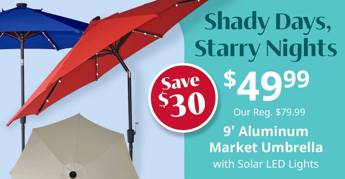 9' aluminium market umbrella, $49.99.