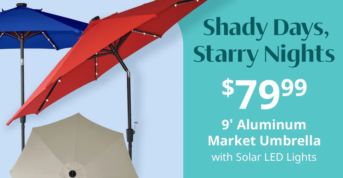 9' aluminium market umbrella, $49.99.